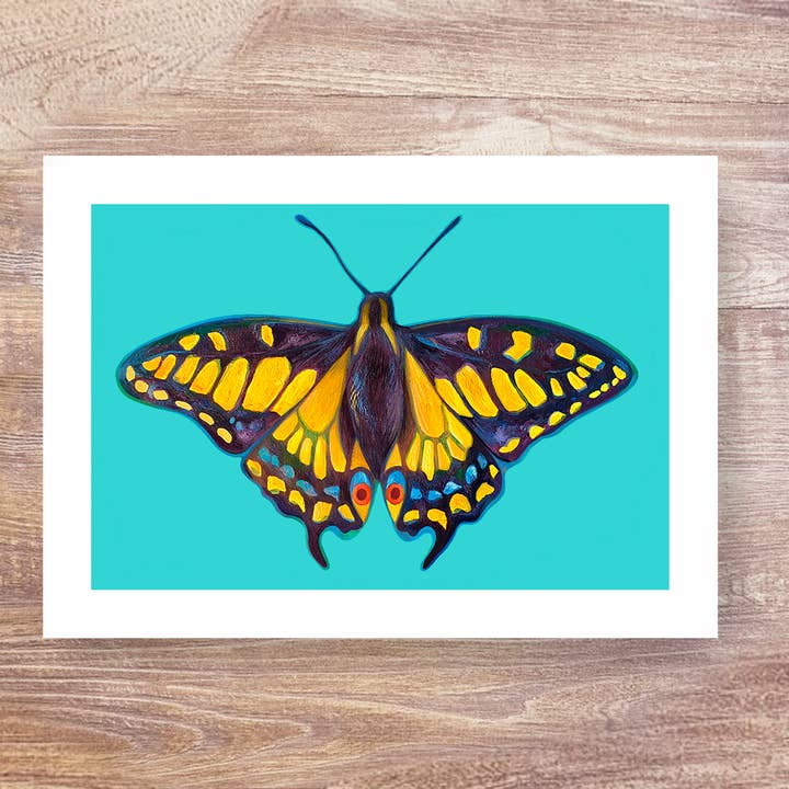Yellow Swallowtail Butterfly on Turquoise - Art Print for wholesale by Marigold Art Studios