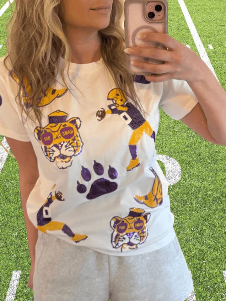 Purple and Yellow Gameday Louisiana Tigers Sequin T-Shirt for wholesale by Sash Clothing Bar