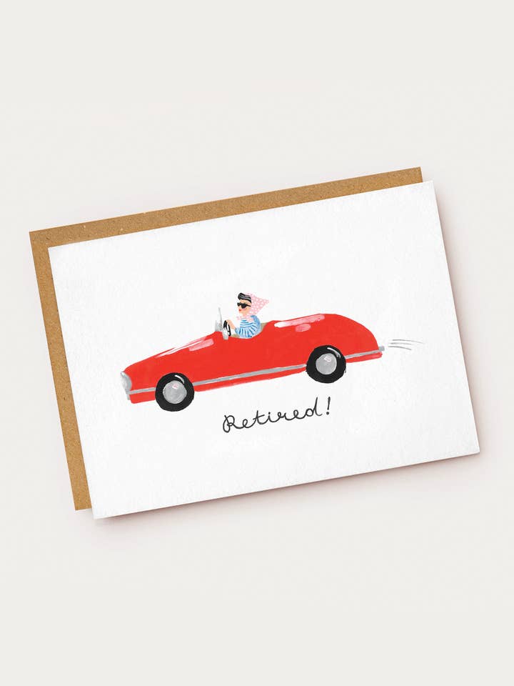 Red Convertible 'Retired!' Card for wholesale by Jade Fisher