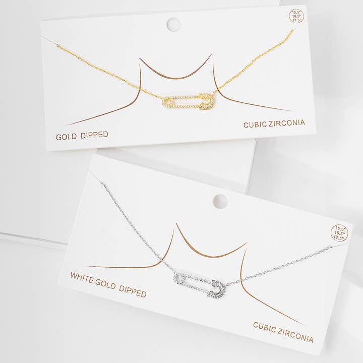 Sensibling Corp. - Wholesale Pendant/charm necklace - Gold Dipped CZ Safety Pin Pendant Necklace
1