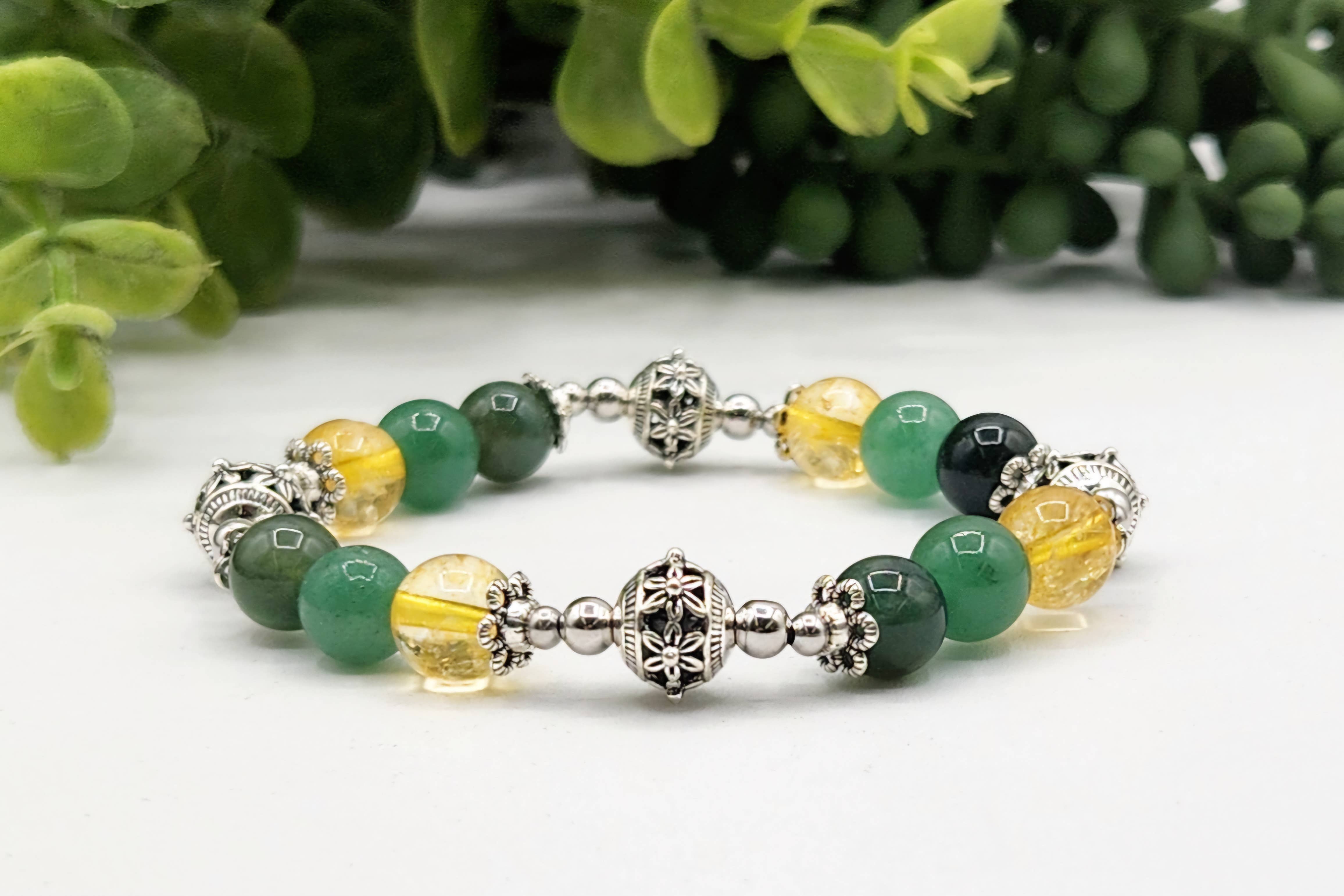 Meraki Gemstones - Wholesale Beaded Bracelet - WEALTH - Moss Agate, Green Aventurine, Citrine Bracelet 7.5"1