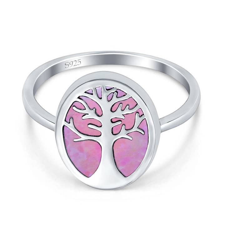 Bague ovale en forme d'arbre de vie en opale rose créée en laboratoire pour la vente par Blue Apple Imports
