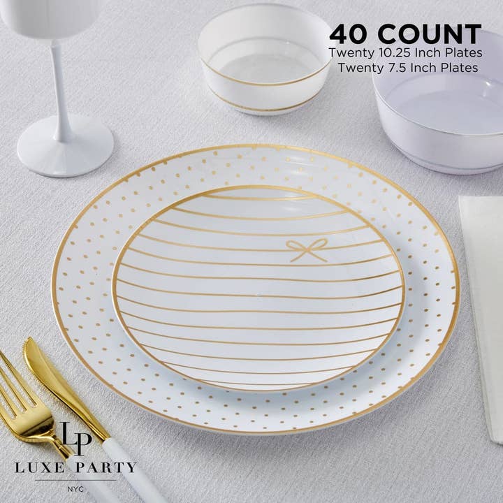 Platos de Cena y Ensalada de Plástico Blanco y Dorado con Lazo y Puntos | Paquete de 40 para venta al por mayor de Luxe Party