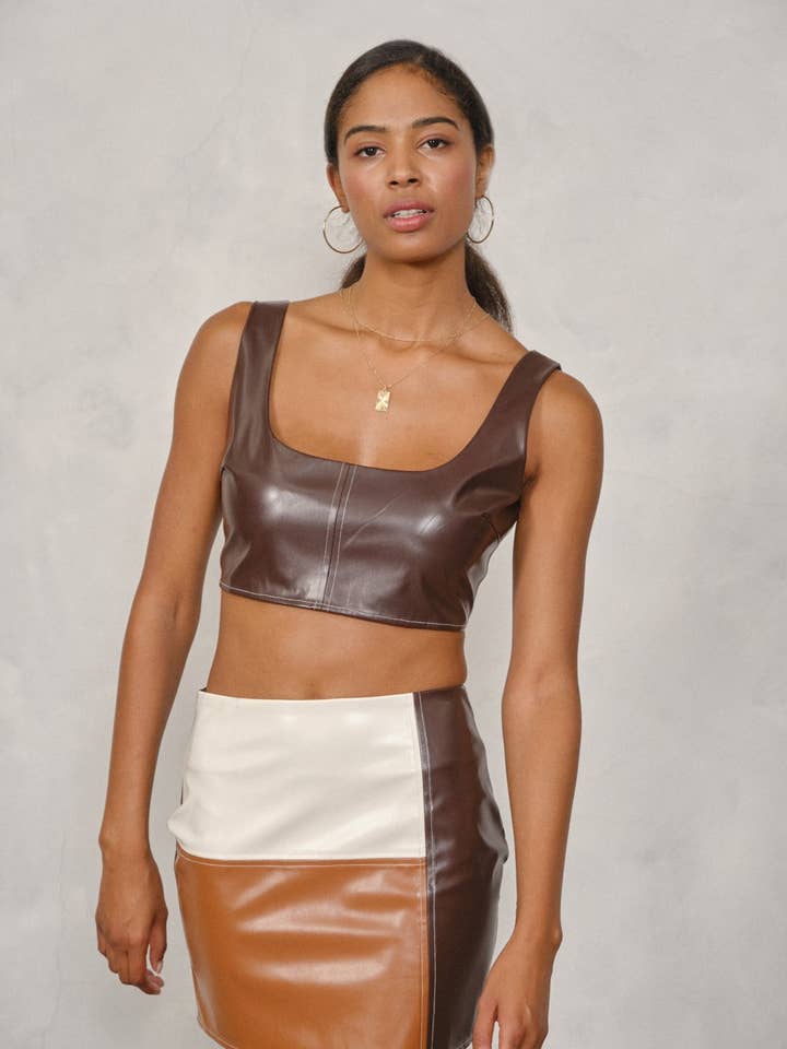 NT0135 Faux leather contrast stitch detail crop tank for wholesale by Endless Blu