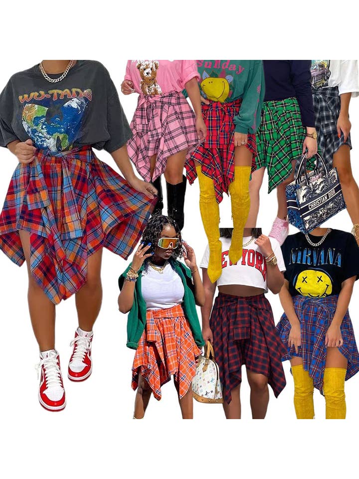 MB Fashion Wholesale - Wholesale Skirt - Women's - MB FASHION High-Waisted Plaid Skirt with Faux Tie 6556T5