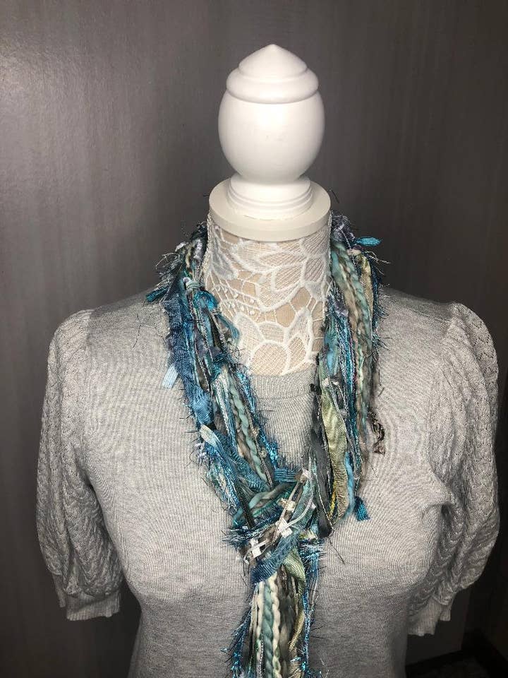 Long Style Lightweight Scarf in Turquoise & Grey - Handmade for wholesale by Scarves of Westwood