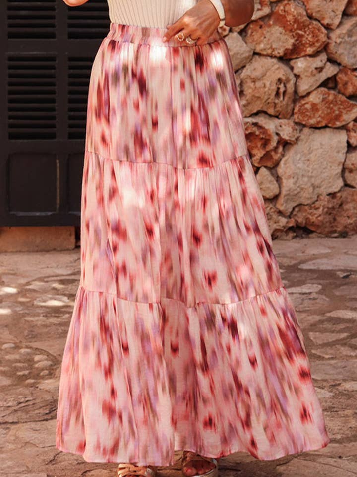 Rosa Falda larga de acuarela abstracta rosa con diseño tie-dye en capas de venta al por mayor en Faire