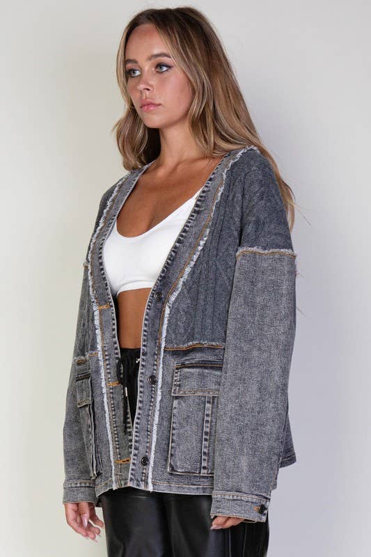 Grey Wash Cable Knitted Sweater & Denim Jean Cardigan Jacket for wholesale on Faire6