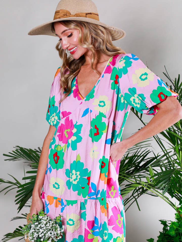 Vine & Love - Wholesale Dress - Women's - V-Neck Short Bubble Sleeve Floral Printed Mini Dress VD81819