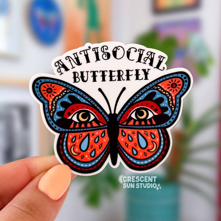 Adesivo Farfalla Antisociale, Adesivo Divertente per Introversi per la vendita all'ingrosso da parte di Crescent Sun Studio