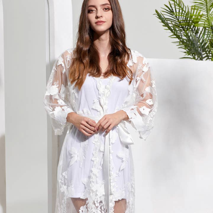 Mackleys - Wholesale Robe - Women's - PREORDER Embroidered Floral Bridal Robe & Slip