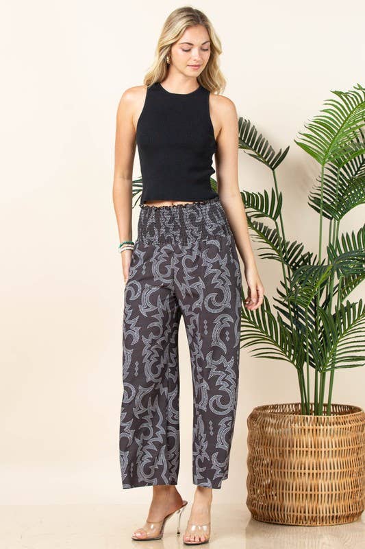 Marron AV1243-PANTALON SMOCK ÉLASTIQUE IMPRIMÉ COUTURE WESTERN ZARA en vente sur Faire9