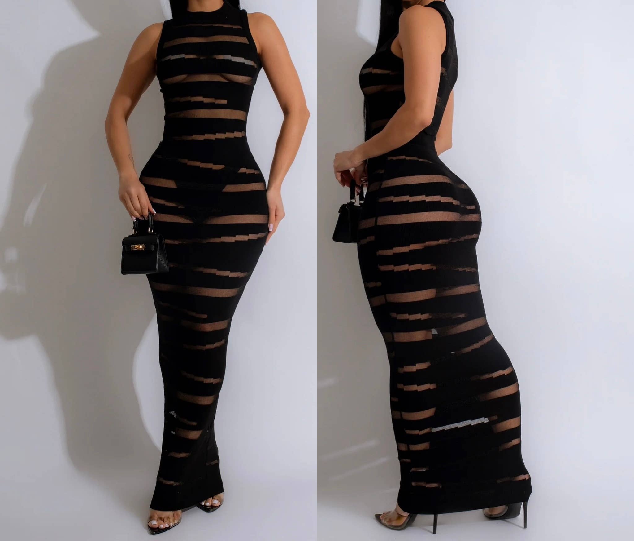 Black Striped Mesh Knit Sleeveless Maxi Dress for wholesale on Faire1