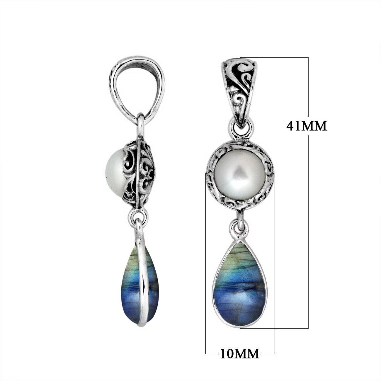Bali Designs - Wholesale Pendant/Charm Necklace - AP-8009-CO2 Sterling Silver Mabe Pearl And Labradorite Pendant Designed With Dual-Drop Artistic Form And Intricate Balinese Ornamental Craftsmanship1