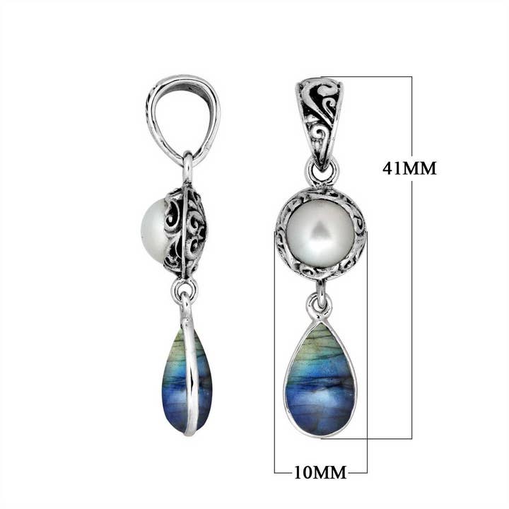 Bali Designs - Wholesale Pendant/Charm Necklace - AP-8009-CO2 Sterling Silver Mabe Pearl And Labradorite Pendant Designed With Dual-Drop Artistic Form And Intricate Balinese Ornamental Craftsmanship1