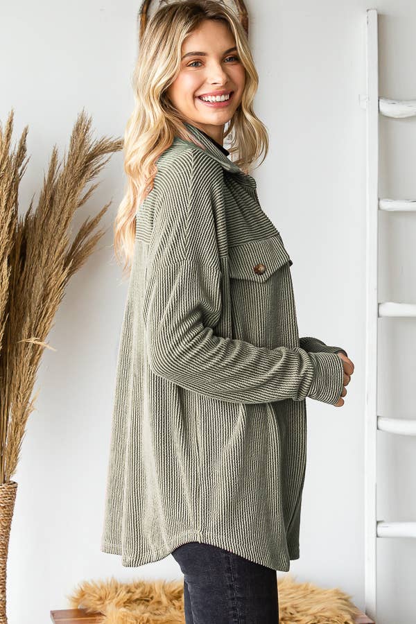 7th Ray - Wholesale Button Down Shirt - Women's - Rib Drop Shoulder Patch Pockets Button Down Shacket T48067