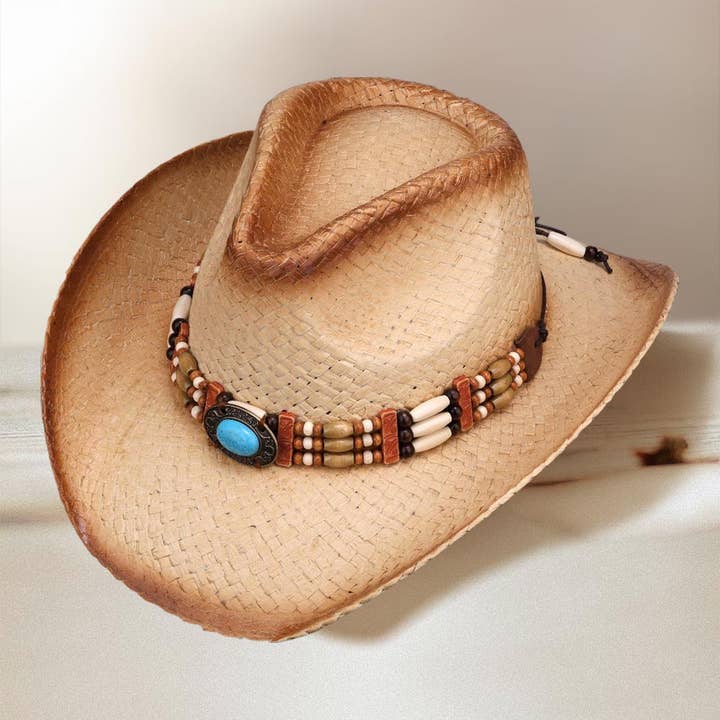 Sensibling Corp. - Wholesale Cowboy Hat - Women's - Turquoise Stone Wooden Beaded Band Straw Cowboy Fedora Hat