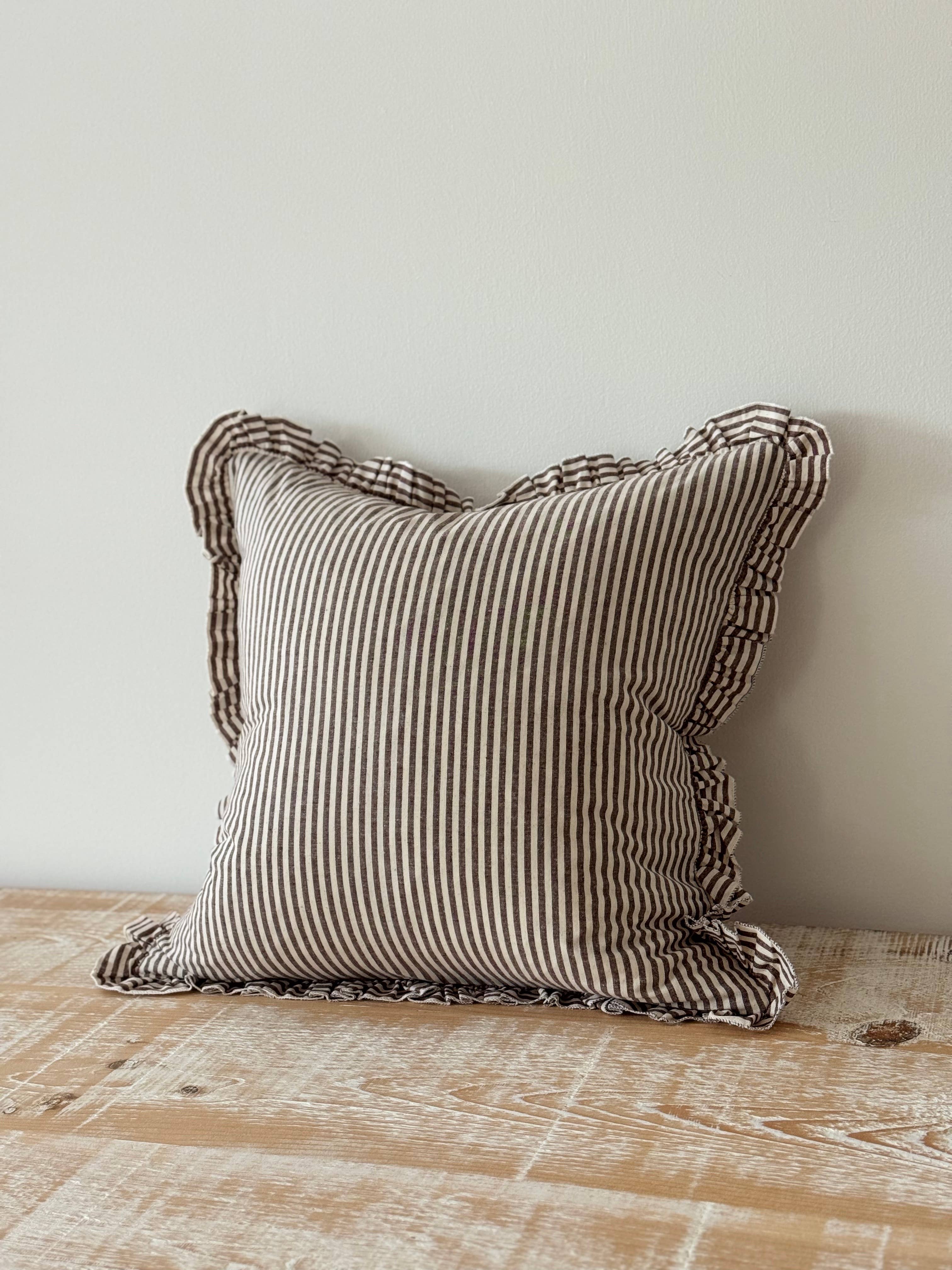 Ellenvale Trade - Wholesale Chair Cushion - Darcy Ruffle Cotton Cushion Cover 65x65 - Dark Brown Stripe
