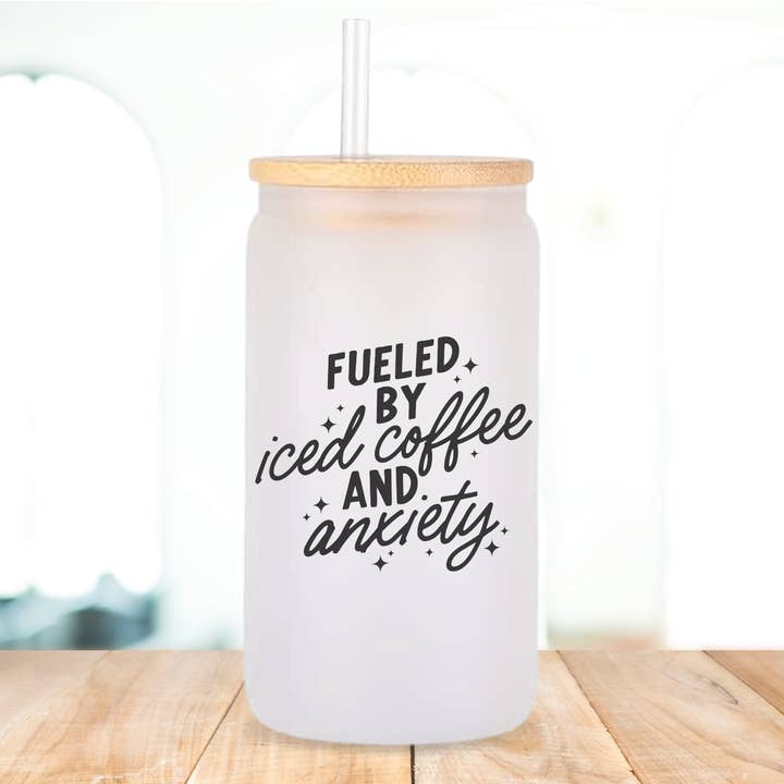 Fueled By Coffee and Anxiety Can shaped glass for wholesale by BB’s Shebang