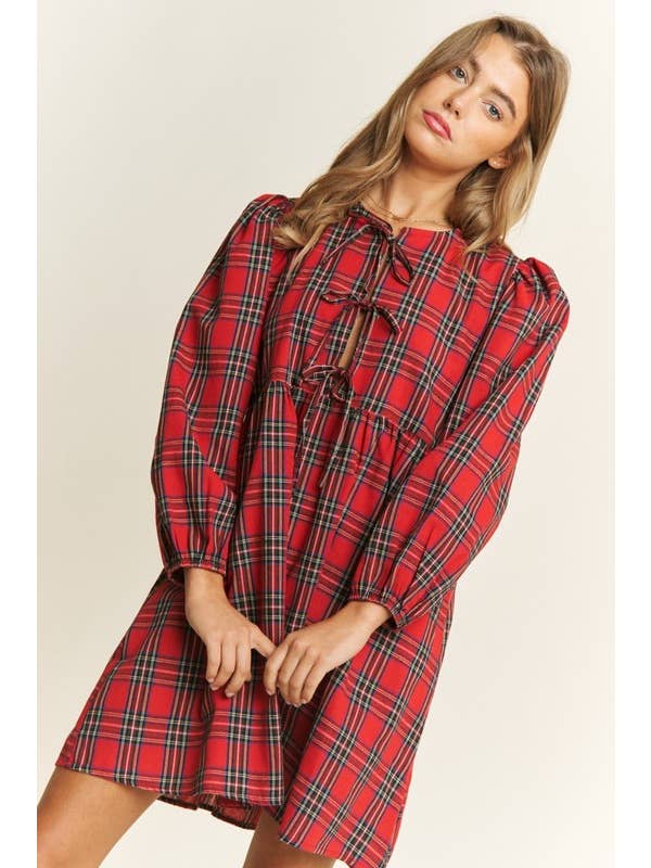 Pink Irene Wholesale - Wholesale Dress - Women's - SOFT PLAID WOVEN FABRIC BABYDOLL BOW MINI DRESS12