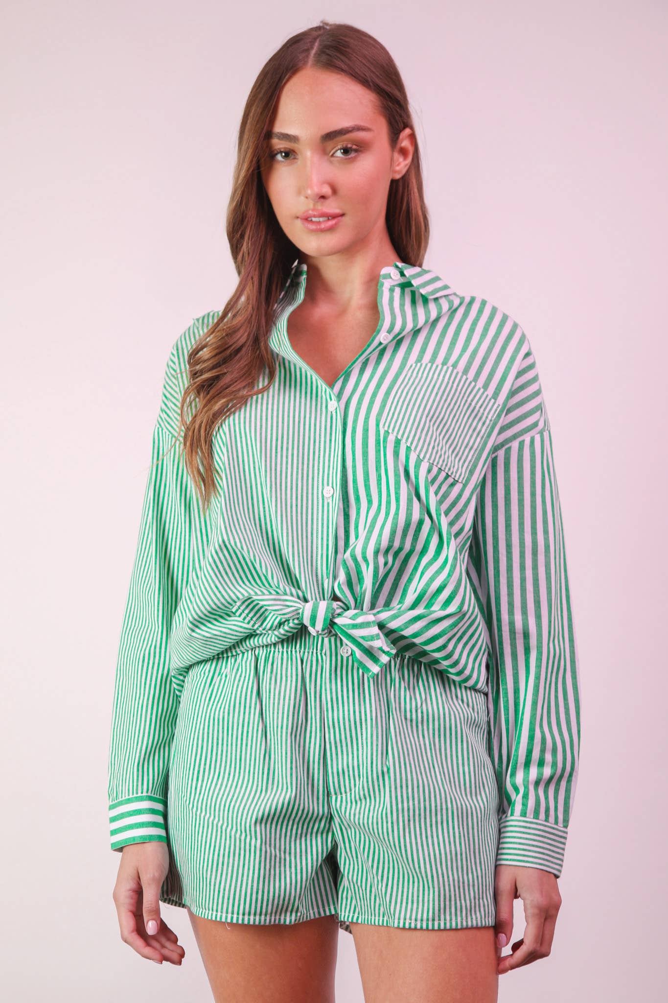 VERY J - Wholesale Lounge Set - Women's - NT12020SET-Striped Oversized Comfy Shirt Top & Shorts Set26