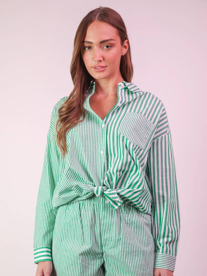VERY J - Wholesale Lounge Set - Women's - NT12020SET-Striped Oversized Comfy Shirt Top & Shorts Set26