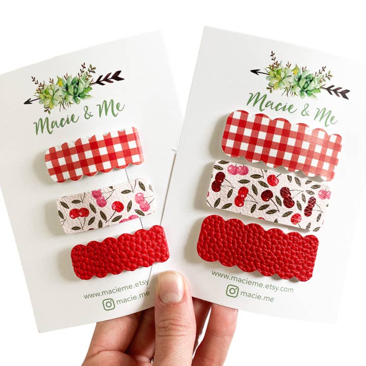 Gingham, Cherry, Red Snap Clip Set for wholesale by Macie & Me
