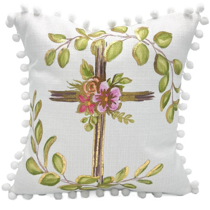 Goldfolie Grün Floral Kreuz Kissen für den Großhandel von Rachel Brooks Design, LLC