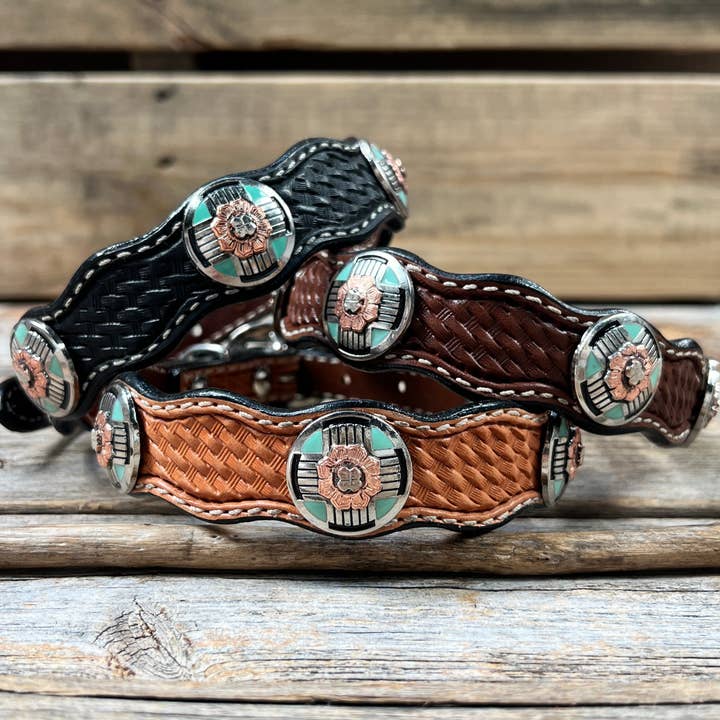 Leather Dog Collar With Antique Silver and Copper Flower Conchos 10" to 22" W190S -DC62 for wholesale by Rodeo Drive