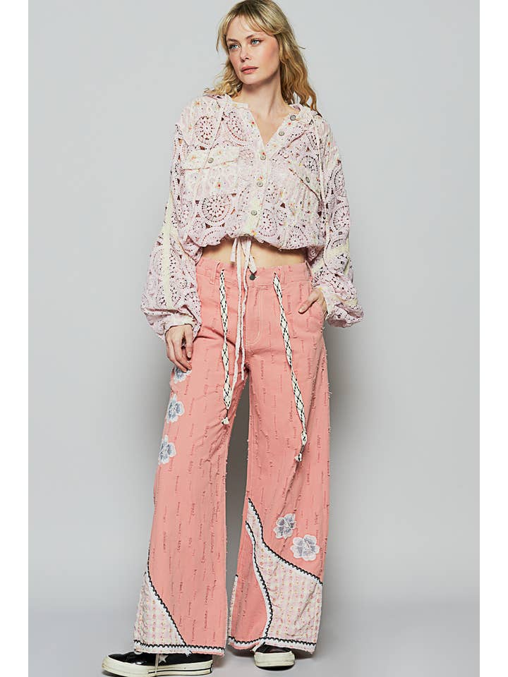 Pol Clothing - Wholesale Jeans - Women's - Floral patches embroidery elastic band casual pant