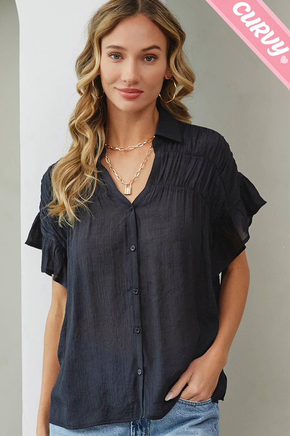 Sweet Lovely by Jen - Wholesale Button Down Shirt - Women's - PLUS SIZE CASUAL SHORT RUFFLE FLOWY SHIRT11