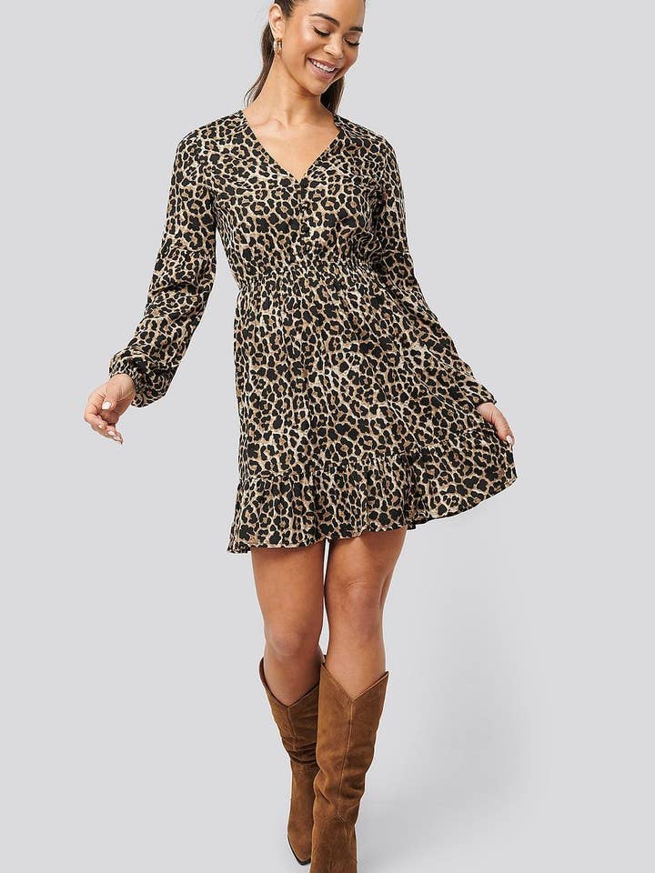 Minivestido de manga balão estampado leopardo por atacado de STYLE INSTANT