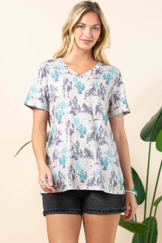 Grey Teal AT1303-BARB WESTERN PRINT SHORT SLEEVE V-NECK TEE for wholesale on Faire10