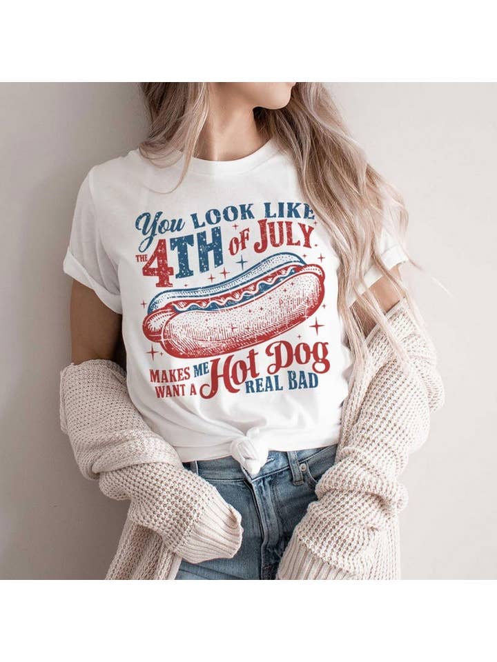 Black You Look Like The 4th Of July Makes Me Want A Hot Dog Shirt for wholesale on Faire