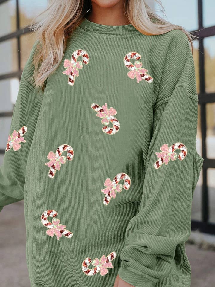 Grass Green Christmas Sequin Candy Cane Patched Corded Ribbed Baggy Sweatshirt for wholesale on Faire1
