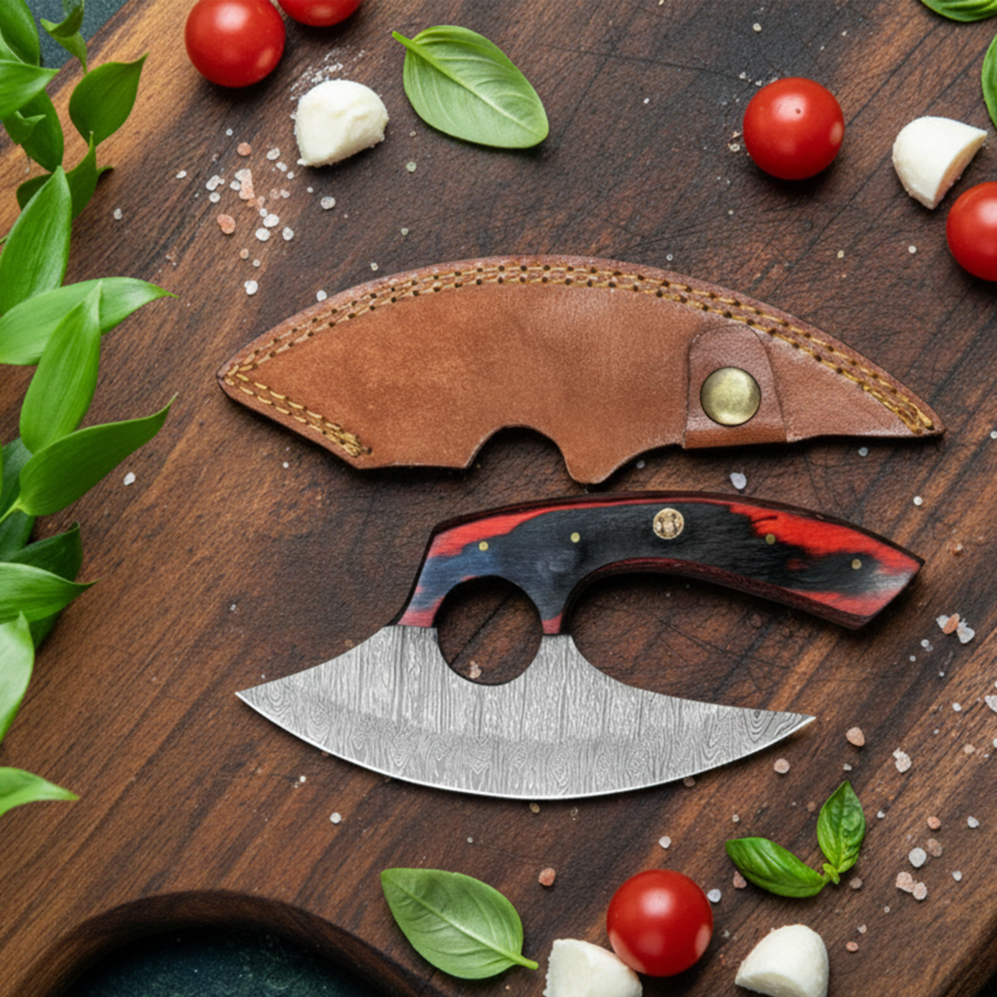 FH KNIVES – wholesale Pocket knife/holder – Handmade damascus Ulu knife with leather sheath 2