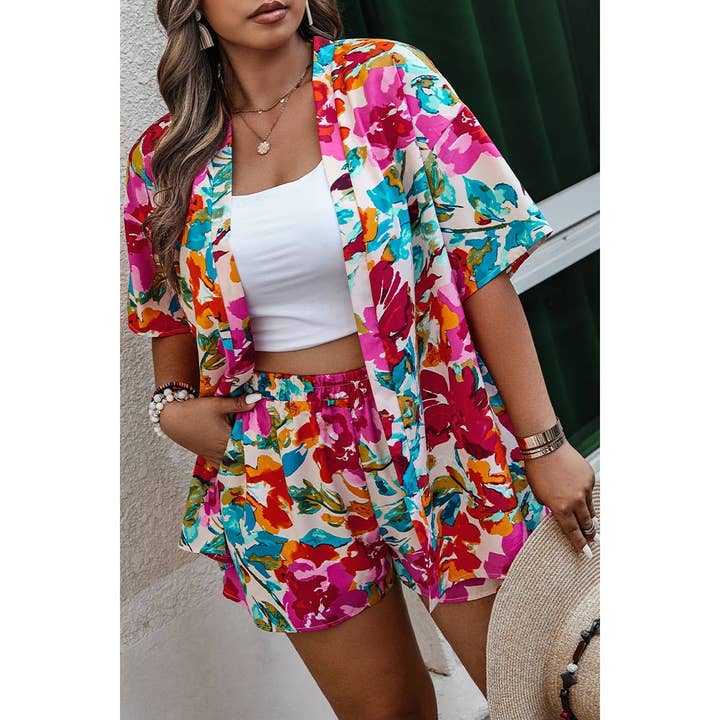 Elings - Wholesale Top & Short Set (NOT Loungewear) - Women's - Plus Size Floral Print Open Front Shorts Sets