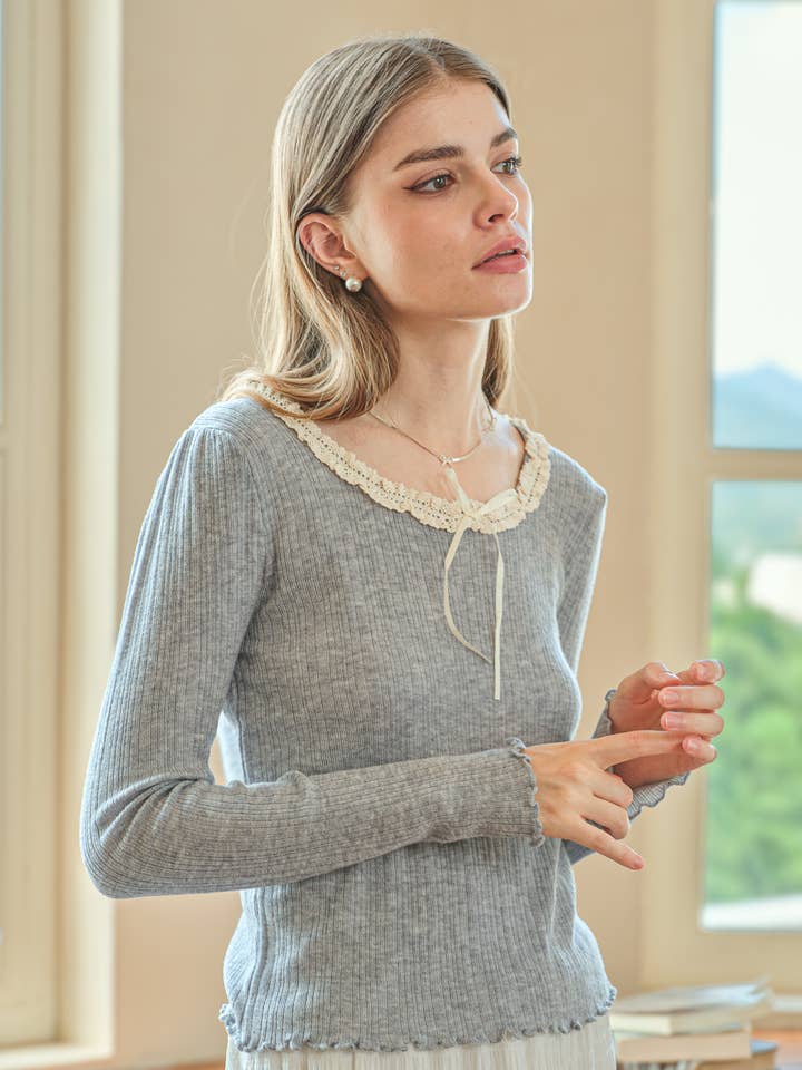 RP2547 - Knit Top with Lace and Ribbon (Soft Gray) for wholesale by ROSIE POSIE