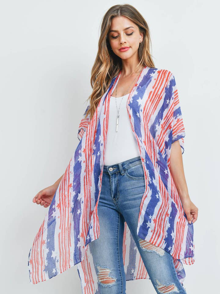 PN213X028AM - USA ACCENT STRIPE OPEN FRONT KIMONO/6PCS for wholesale by MYS Wholesale Inc
