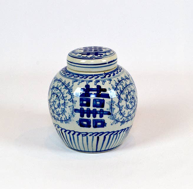 The French Bee & Co - Wholesale Decorative jar - Ginger Jar, Chinoiserie Blue & White, Dbl Happiness, Lidded 0