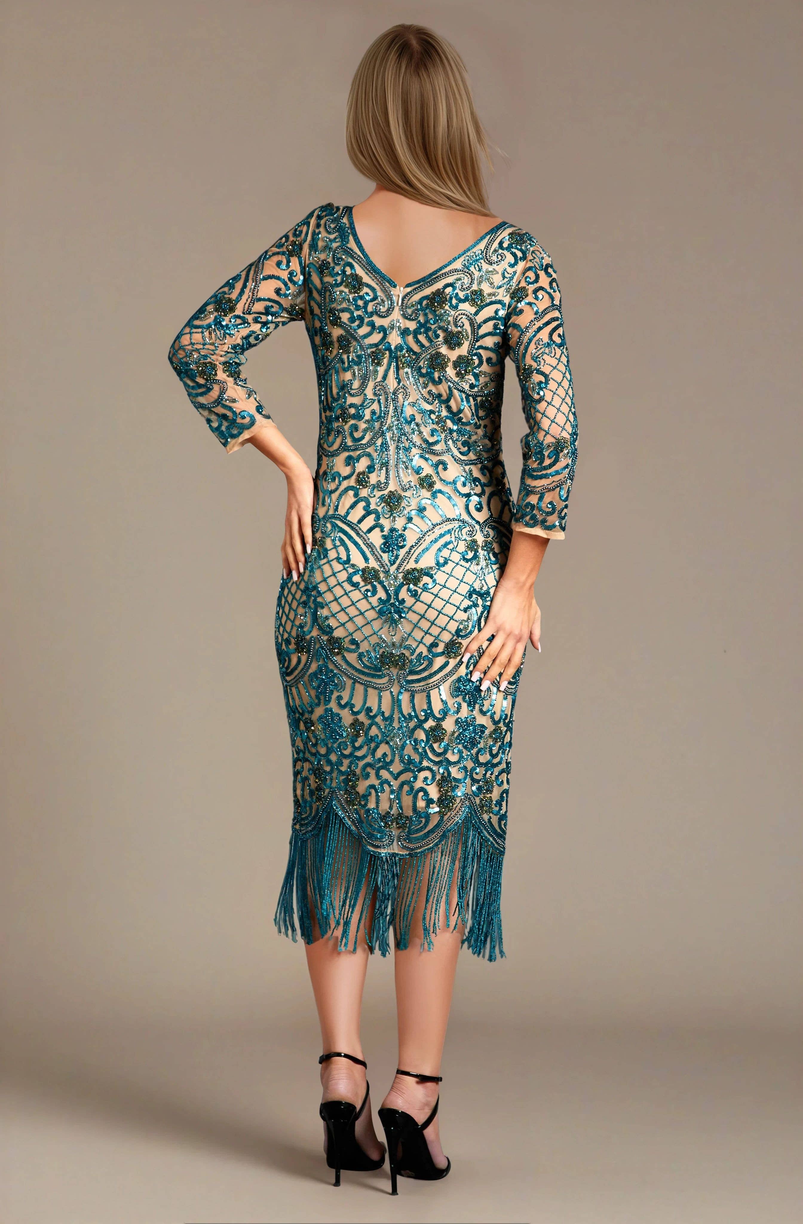 Jywal London® – wholesale Dress – Women's – Beatrice Blue Embellished Flapper Fringe Dress1