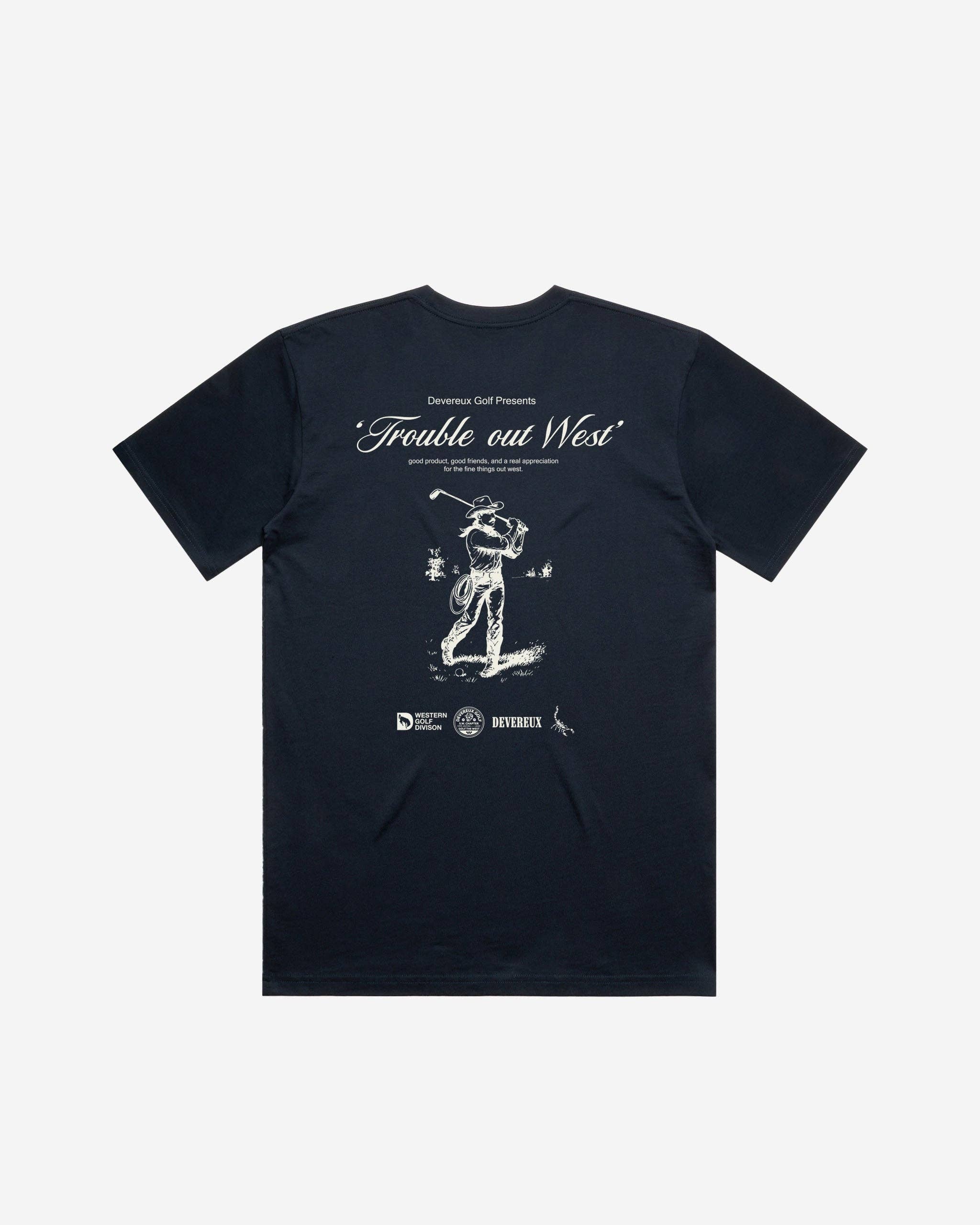Trouble Out West Tee - Navy for wholesale on Faire