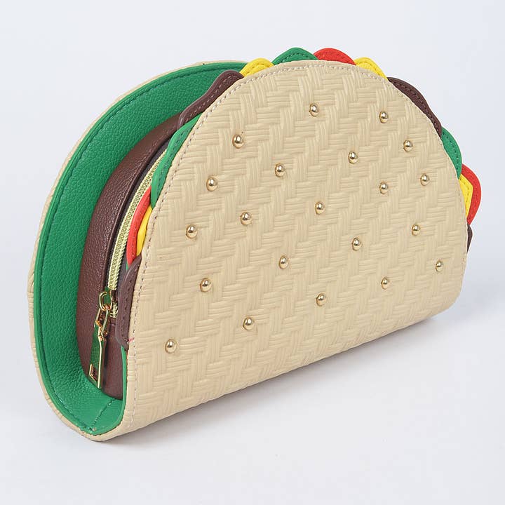 Beige Studded Taco Shape Clutch for wholesale on Faire1