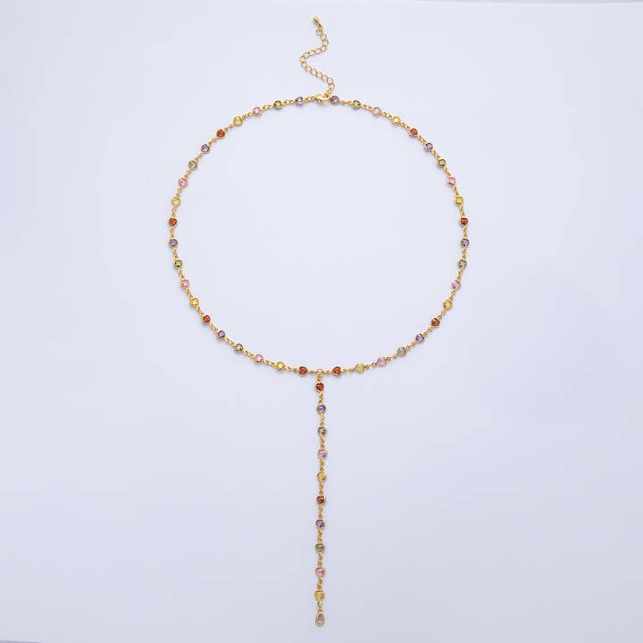 18K Guld Fyldt 4,6mm Flerfarvet CZ Bezel Hjerte Lariat Kæde 18 Tommer Halskæde | WA-3967 for engroshandel hos Aim Eternal