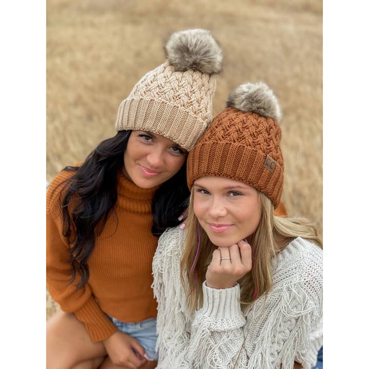 C.C Beanie - Wholesale Beanie - Women's - Solid Lattice Stitch Fur Pom CC Beanie YJ826