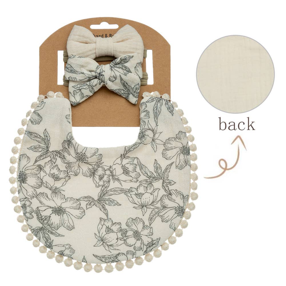 Little Trendy - Wholesale Bib - Baby - Baby Floral cotton Waterproofer Bib and Bows headband Sets7