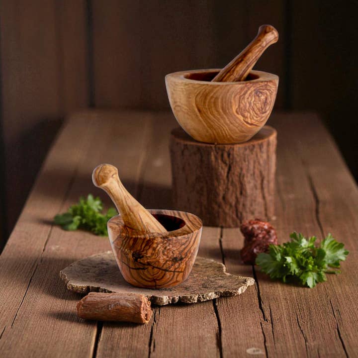 Handcrafted Olivewood - Wholesale Mortar & Pestle - Classic Olive Wood Mortar & Pestle, Handmade