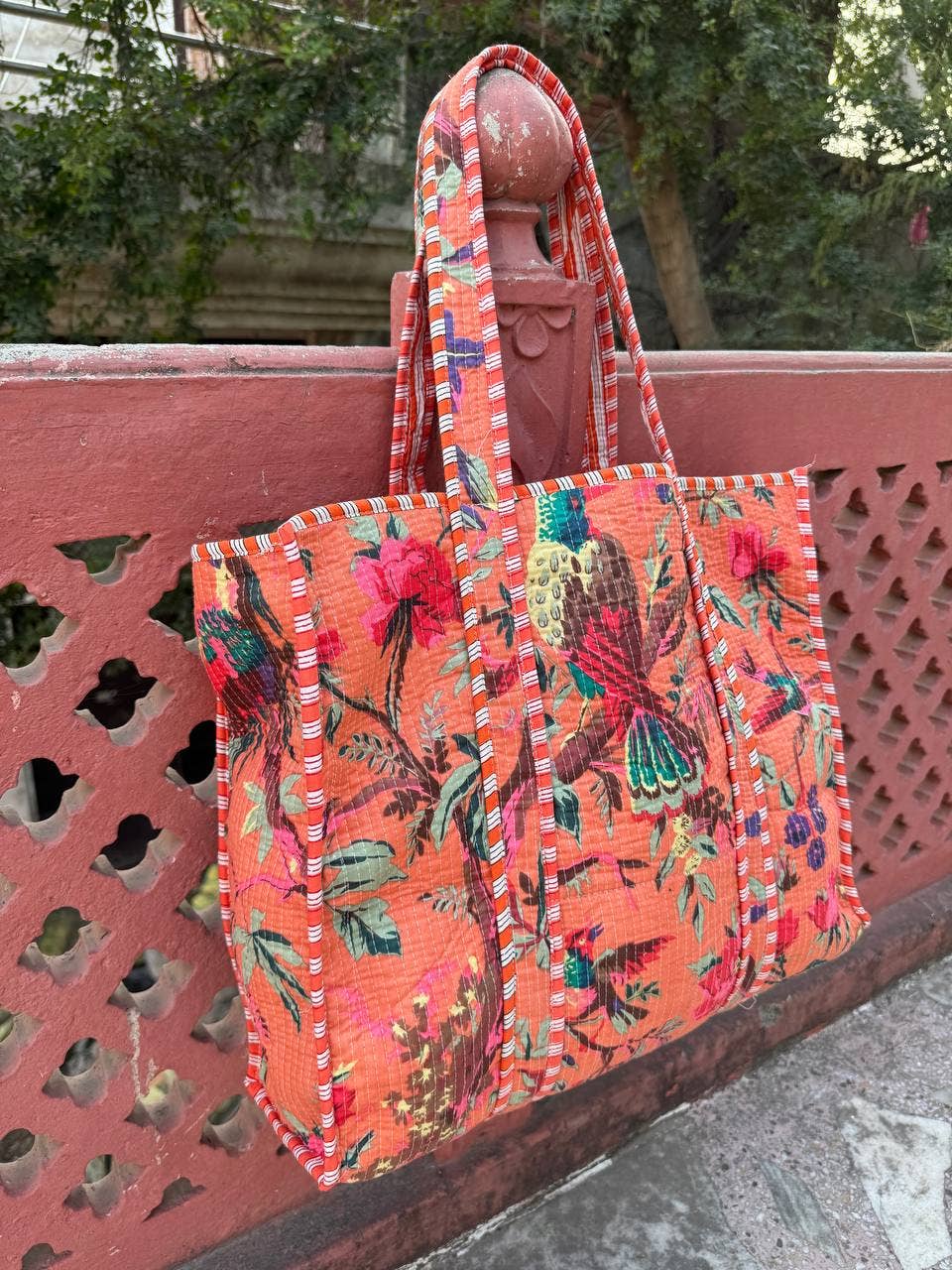 Bhawana Handicrafts – Sacola - Mulher por atacado – Bolsa de algodão acolchoada com estampa de pássaros para meninas, sacola de mercado5
