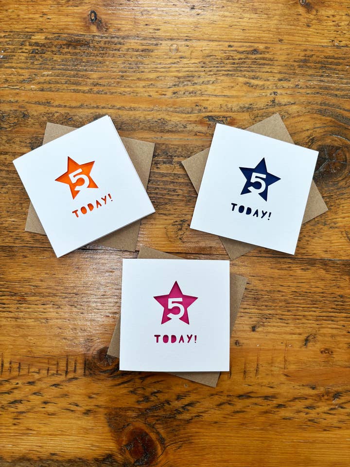 Milestone 5th Birthday Card 'Five Today!' Paper Cut Star for wholesale by Laura M Designs