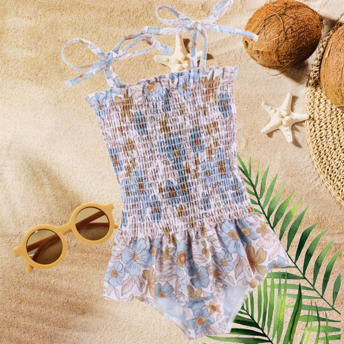 Rufflеѕ & Bоwtіеѕ - Affordable Boys & Girls Clothing - Wholesale One Piece Swimsuit - Kids - CLEARANCE Girl Swimsuits - Blue & Tan Floral - 1Pc